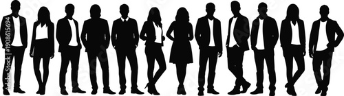 Business team silhouettes collection, professional men and women standing together, corporate staff group, leadership teamwork concept illustration isolated