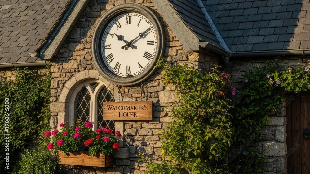 Fototapeta premium Charming watchmaker's house with clock and flowers