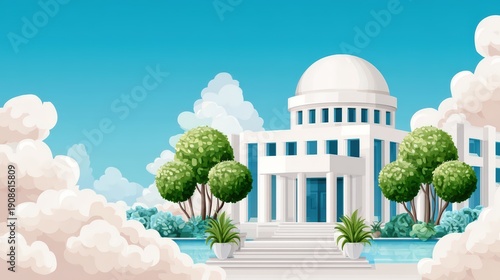 A modern building with a dome, surrounded by clouds and greenery, creating a serene and inviting atmosphere.