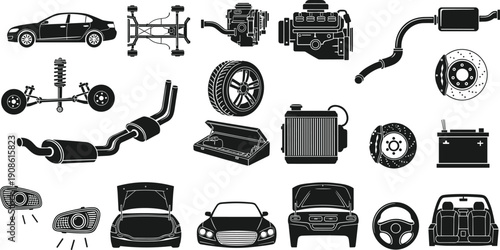 Car parts and automobile components icon set engine wheel brake battery exhaust steering suspension vector illustration isolated black
