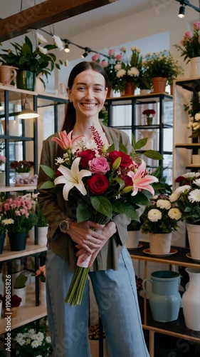 Smiling woman florist holding a beautiful bouquet of roses and lilies in her shop
