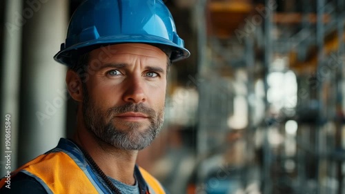 Portrait of a serious construction worker wearing a hard hat and safety vest