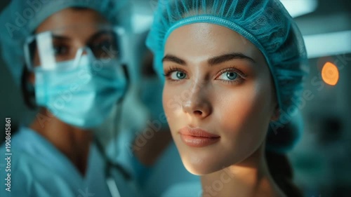 Confident female surgeon smiling in a modern operating room before surgery