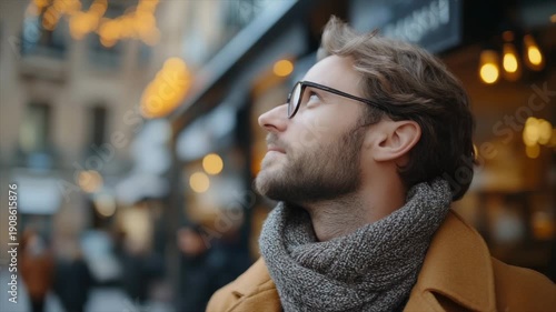 Smiling handsome man with glasses looking around on a european city street