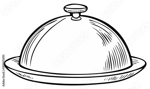 Classic black and white line art drawing of a restaurant cloche on a serving platter