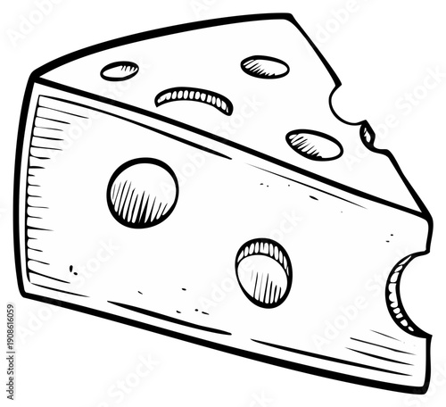 Cartoon wedge of Swiss cheese, isolated, hand-drawn illustration.