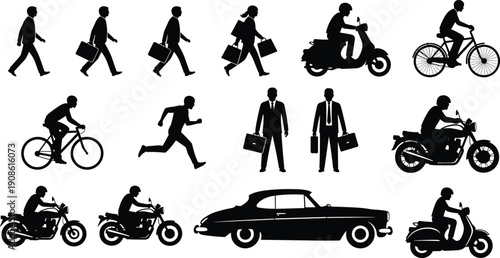 Commuting people silhouettes collection, walking running cycling riding motorcycle car, business travel urban transport lifestyle motion illustration isolated
