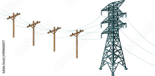 Electric power transmission line illustration showing utility poles and high voltage tower infrastructure isolated on white background, for energy grid
