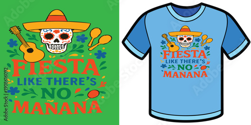Fiesta Skull Sombrero T-Shirt for Cinco de Mayo, Vibrant Party Graphic with Guitar, Maracas, Bold Color