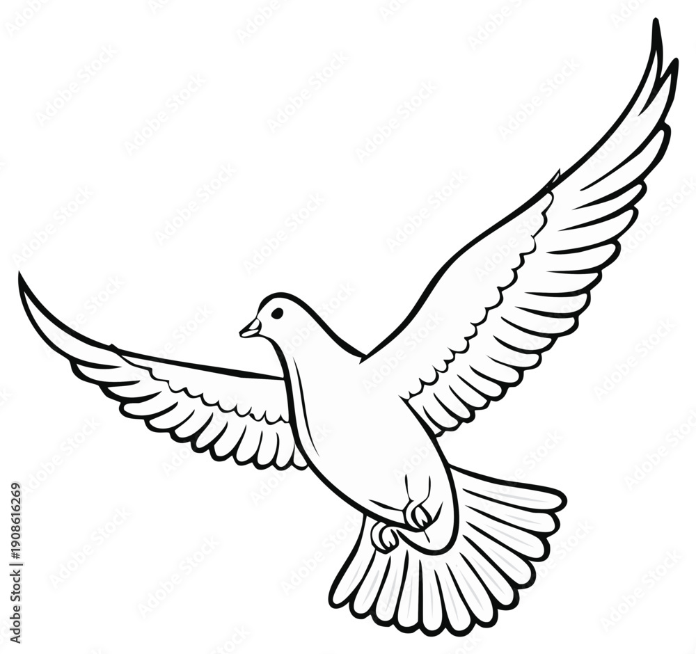 Obraz premium Simple outline drawing of a white dove in flight with wings spread wide