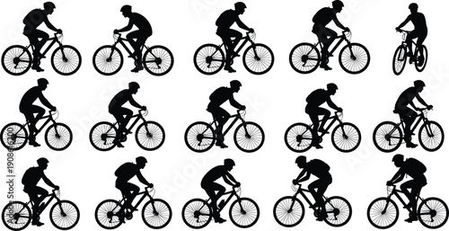 Cyclist silhouettes sequence collection, people riding bicycles in motion, urban commuting sport fitness activity, eco transport lifestyle illustration isolated