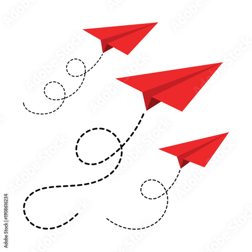 Collection of Flying Red Folded Origami Airplanes with Dotted Route Lines. Add motion and creativity to your designs with this dynamic Collection of Flying Red Folded Origami Airplanes.