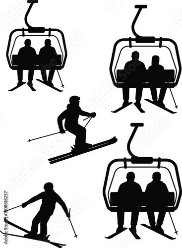 Silhouette set of skiers riding chairlift and skiing downhill, winter sports activity in ski resort, alpine mountain adventure tourism illustration in black and white.