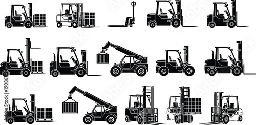 Forklift truck and warehouse material handling equipment icon set logistics loading unloading transport vector illustration silhouette