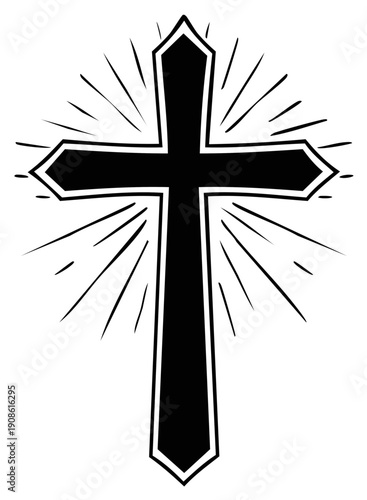 Black Christian Cross with Radiant Light Rays