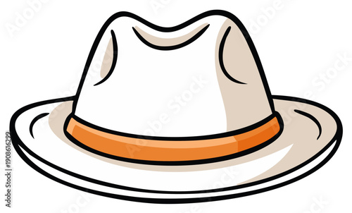 Cartoon Illustration of a White Fedora Hat with Orange Band, Elegant Style