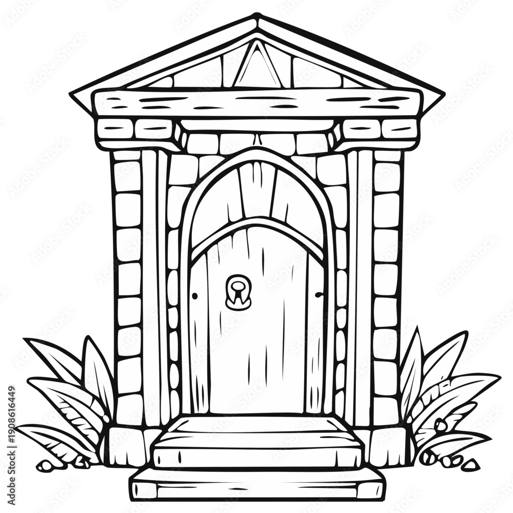 Fototapeta premium Ornate Stone Entrance With Wooden Door and Steps Surrounded by Foliage