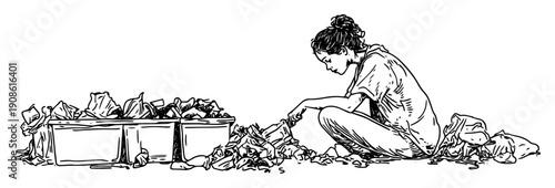 homeless woman sorting through garbage