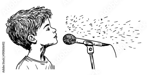 boy speaking or singing into microphone