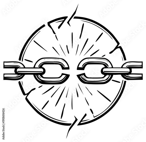 Broken chain with cracks and radiating lines in a vintage style, freedom concept.
