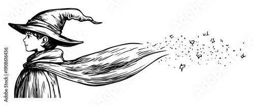 young wizard in cloak with stars blowing in wind