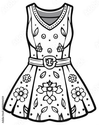Floral pattern dress graphic, illustration, sleeveless design, belt detail, fashion