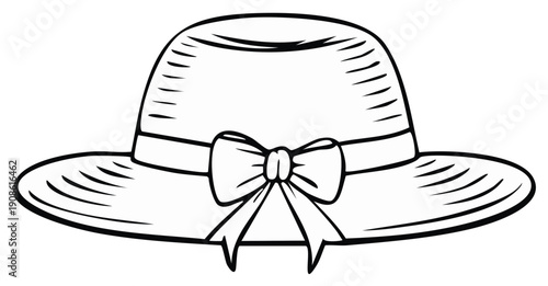 Elegant wide brim sun hat with decorative bow in black and white line art illustration