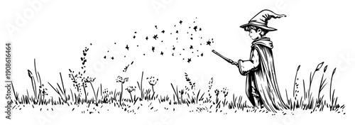little wizard casting spell in meadow