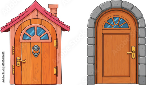 Wooden house doors with arched stone frame vector illustration architecture entrance design set