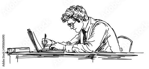 man writing at desk with books