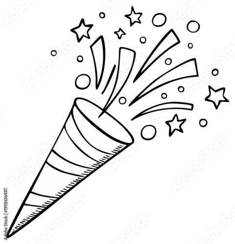 Cartoon drawing of party popper with streamers and confetti bursting out.