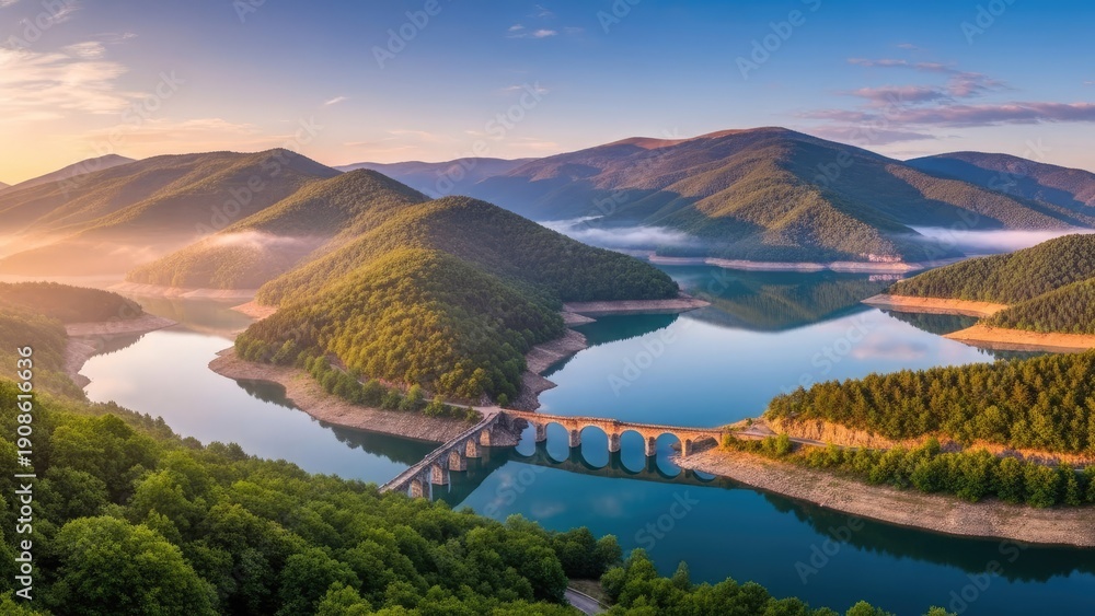 Fototapeta premium Serene mountain landscape with ancient bridge over calm lake at sunrise