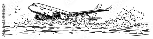 airplane taking off with water spray on runway