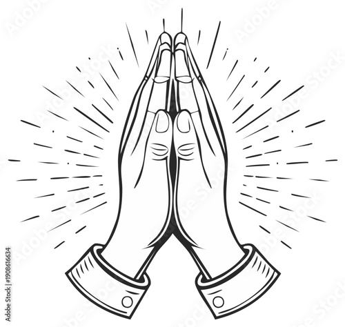 Praying hands illustration with vintage style sunburst design element.