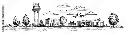 airport landscape with airplane and buildings