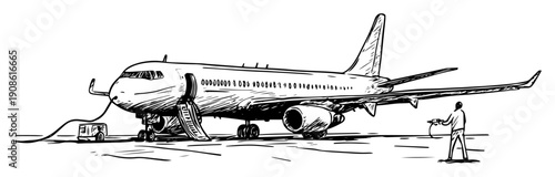 commercial airplane boarding with crew on tarmac