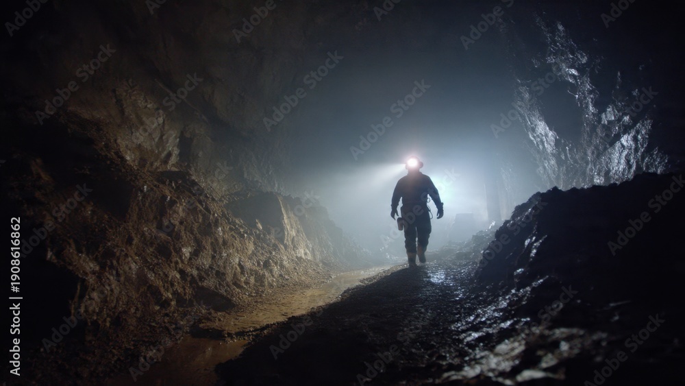 Obraz premium Miner with Headlamp in Dark Cave
