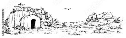 stone tomb carved in rocky hillside