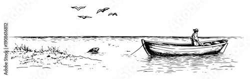 man fishing alone in small boat on lake