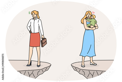 Priorities between family and career for woman who successfully combines raising child and business. Girl with baby or businesswoman stands on opposite rocks, discussing different priorities in life
