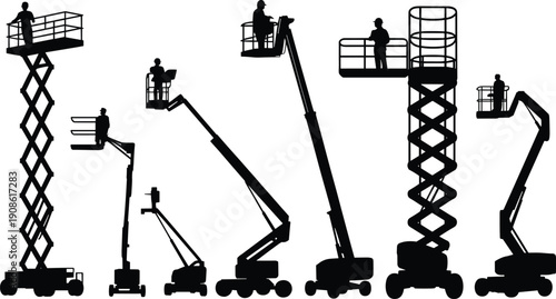 Silhouette set of workers using boom lifts and scissor lifts at height, industrial aerial work platforms for construction, maintenance, repair and safety access equipment.