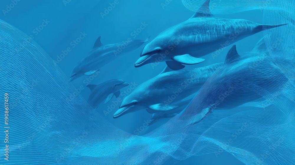 Obraz premium Dolphins Swim Through Blue Water Moving From Left to Right in Wide Space Ahead Showcasing Progress and Strategy in Nature