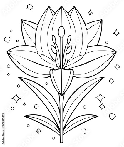 Elegant floral illustration with intricate details, line art style, blossoming flower.