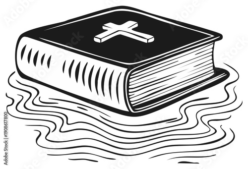 Religious Book With Cross Illustration and Rippling Water Effect
