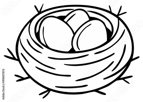 Simple line drawing of a bird's nest containing three speckled eggs ready to hatch