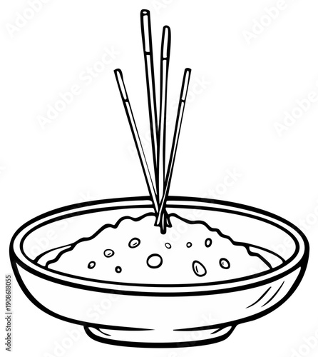 Hand Drawn Incense Sticks in a Bowl with Granular Sand for Spiritual Rituals or Aromatherapy