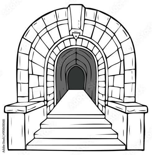 Stone Archway Entrance to a Dark Tunnel with Steps and a Pathway