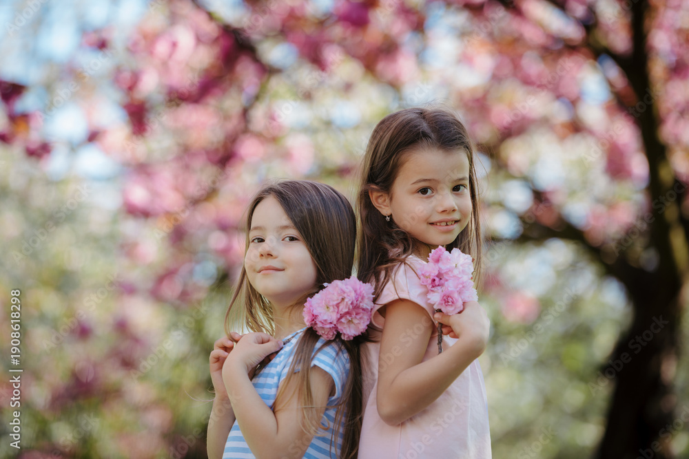 Fototapeta premium Sisters back to back in spring nature.
