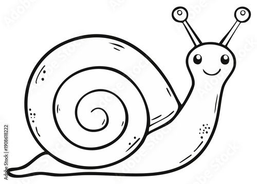 Cute cartoon snail with a spiral shell and happy expression, black and white line art drawing