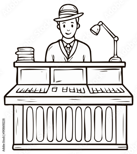 Cartoon Man in Hat Plays Organ with Lamp and Sheet Music Sketch